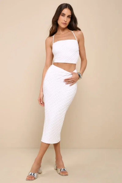 Lulus Unforgettably Pretty White Textured Lace-up Two-piece Midi Dress