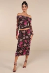 Lulus Unforgettably Sweet Brown Floral Print Mesh High-rise Midi Skirt In Brown