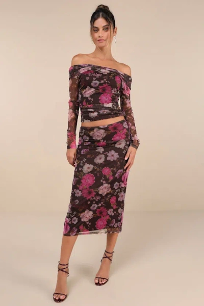 Lulus Unforgettably Sweet Brown Floral Print Mesh High-rise Midi Skirt