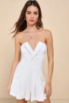 Lulus Unique Charisma White Pleated Strapless Notch Neck Romper In White