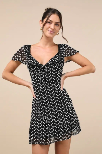 Lulus Unique Delight Black Embroidered Floral Short Sleeve Mini Dress