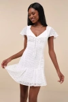 Lulus Unique Delight White Embroidered Floral Short Sleeve Mini Dress In White