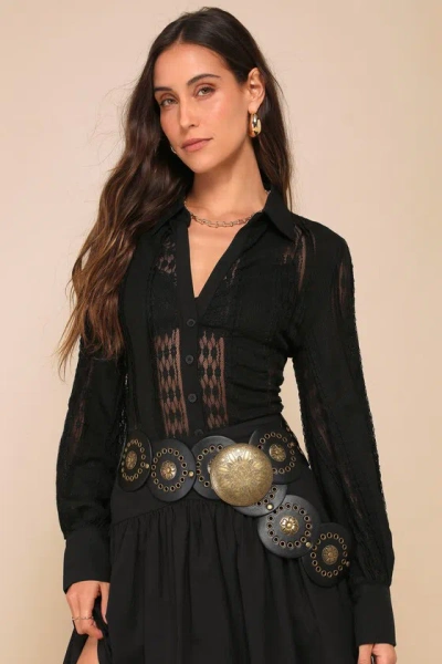 Lulus Unique Effect Black Lace Sheer Long Sleeve Button-up Top