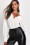Lulus Unique Icon White Textured Button-up Long Sleeve Bodysuit In White