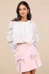 Lulus Unique Statement White Burnout Plaid Ruched Long Sleeve Top In White