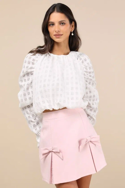 Lulus Unique Statement White Burnout Plaid Ruched Long Sleeve Top