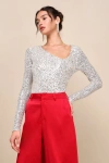Lulus Unique Vibe Beige Sequin Asymmetrical Long Sleeve Top In Beige