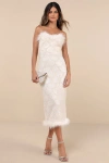 Lulus Uniquely Confident Cream Lace Feather Strapless Midi Dress In White