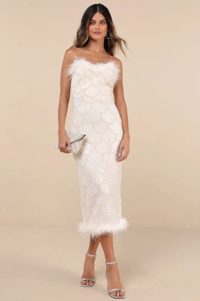 Lulus Uniquely Confident Cream Lace Feather Strapless Midi Dress In White