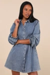Lulus Uniquely Darling Medium Wash Denim Mini Dress With Pockets In Blue