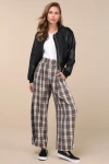Lulus Uniquely Stylish Grey And Mauve Plaid High Rise Wide-leg Pants In Mauve