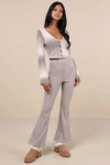 Lulus Unmatched Comfort Heathered Taupe Ribbed Knit Flare Pants In Taupe