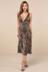 Lulus Unmatched Elegance Tan Leopard Satin Sleeveless Midi Dress In Tan