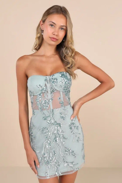 Lulus Unreal Date Sage Green Sequin Embroidered Strapless Mini Dress