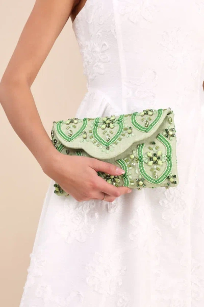 Lulus Unrivaled Aesthetic Light Green Rhinestone Beaded Clutch