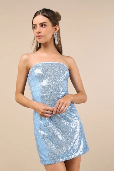 Lulus Unstoppable Glow Light Blue Sequin Strapless Mini Dress In Light Blue