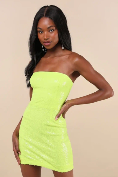 Lulus Unstoppable Glow Neon Yellow Sequin Strapless Mini Dress