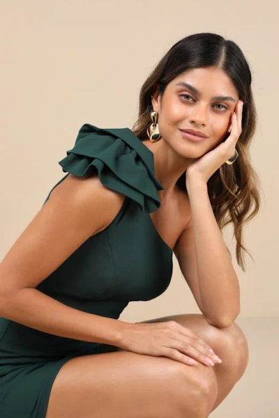 Lulus Unstoppable Stunner Hunter Green Ruffled One-shoulder Mini Dress