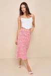 Lulus Up And Coming Cutie Coral Pink Floral Print Midi Skirt In Coral Pink