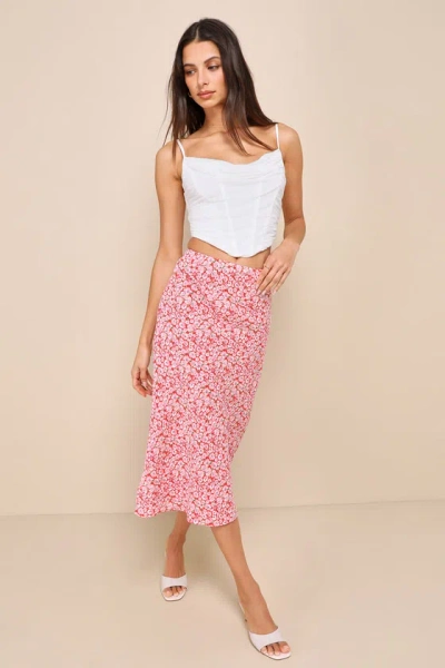 Lulus Up And Coming Cutie Coral Pink Floral Print Midi Skirt