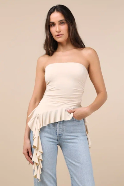 Lulus Upfront Chicness Beige Asymmetrical Ruffled Strapless Top