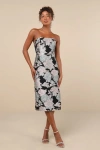 Lulus Upgraded Event Black Jacquard Strapless Bustier Midi Dress In Black