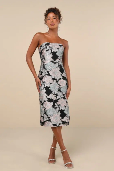 Lulus Upgraded Event Black Jacquard Strapless Bustier Midi Dress