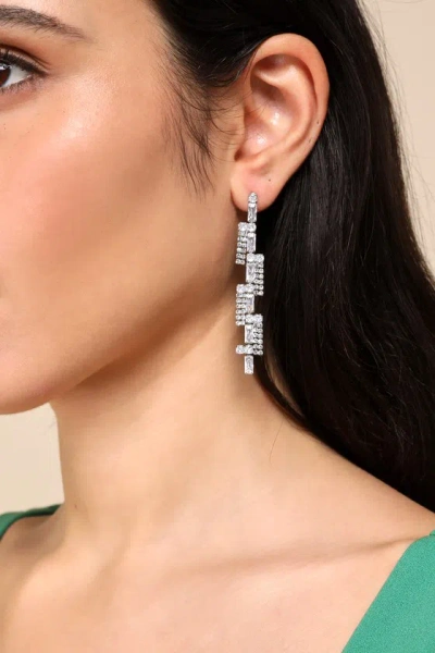 Lulus Upgraded Glamour Silver Rhinestone Drop Earrings