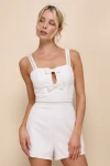 Lulus Upscale Charm Ivory Tweed Pearl Beaded Cutout Bow Romper In Ivory