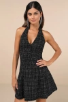 Lulus Upscale Confidence Black Tweed Lurex Pleated Halter Mini Dress In Black