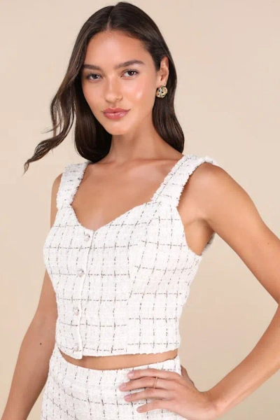Lulus Upscale Instinct Ivory And Brown Tweed Button-front Tank Top