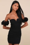 Lulus Upscale Muse Black Mesh Ruched Off-the-shoulder Mini Dress In Black