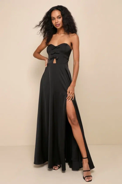 Lulus Upscale Poise Black Satin Bow Strapless Maxi Dress In Black