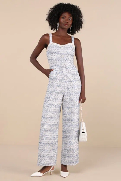 Lulus Upscale Posture Blue Tweed Sequin Pearl Sleeveless Jumpsuit