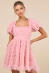 Lulus Utterly Adored Pink Tulle Textured Puff Sleeve Bow Mini Dress In Pink