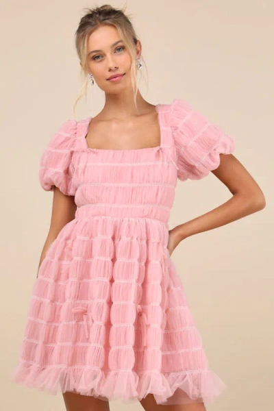 Lulus Utterly Adored Pink Tulle Textured Puff Sleeve Bow Mini Dress In Pink
