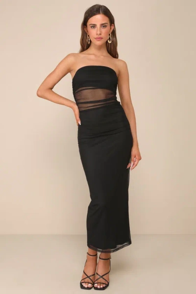 Lulus Utterly Attractive Black Mesh Ruched Strapless Midi Dress