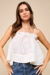 LULUS UTTERLY DARLING CREAM RUFFLED TEXTURED FLORAL TIE-FRONT CAMI TOP