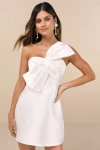 Lulus Utterly Pretty White Bow One-shoulder Mini Dress With Pockets In White