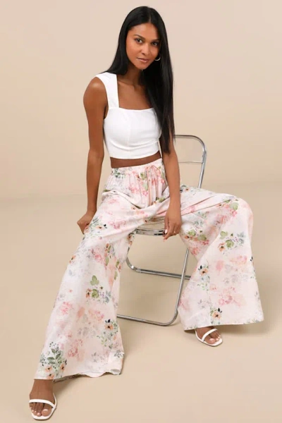 Lulus Uvani White Multi Floral Wide-leg Drawstring Pants