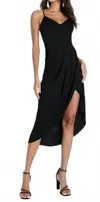 Lulus V-neck Spaghetti Strap Pleated Faux Wrap Reinette Midi Dress In Black In Black