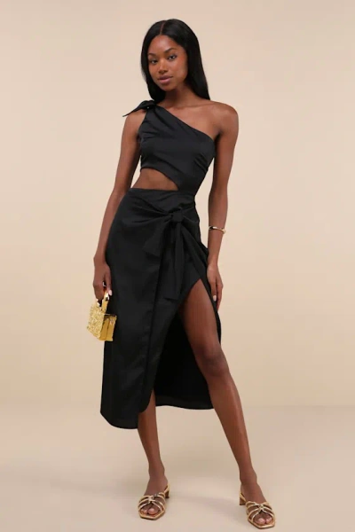 Lulus Vacay Beauty Black One-shoulder Tie-strap Midi Dress
