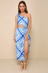 Lulus Vacay Beauty Blue Scarf Print One-shoulder Tie-strap Midi Dress In Blue