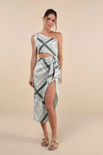 Lulus Vacay Beauty Olive Scarf Print One-shoulder Tie-strap Midi Dress In Green