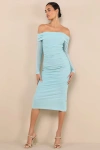 Lulus Valda Aqua Blue Mesh Ruched Off-the-shoulder Midi Dress In Blue
