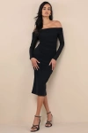 Lulus Valda Black Mesh Ruched Off-the-shoulder Midi Dress In Black