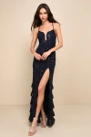 Lulus Valhalla Navy Blue Sequin Lace-up Tiered Maxi Dress In Navy Blue