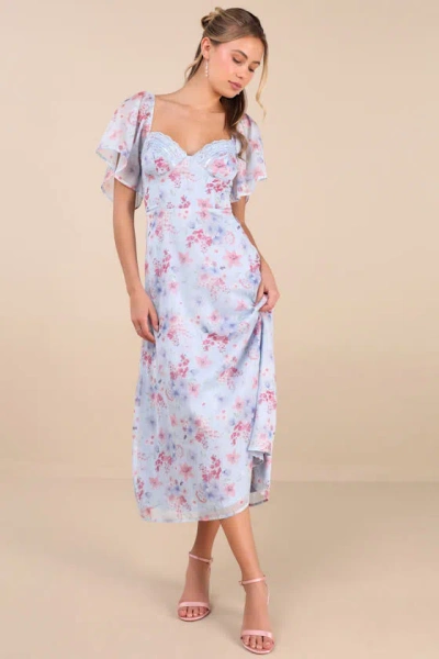 Lulus Valla Light Blue Floral Flutter Sleeve Midi Dress