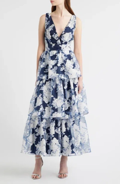 Lulus Vallia Floral Tiered Gown In Blue
