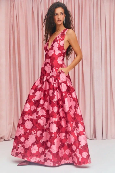 Lulus Valna Red Floral Jacquard Drop Waist Maxi Dress